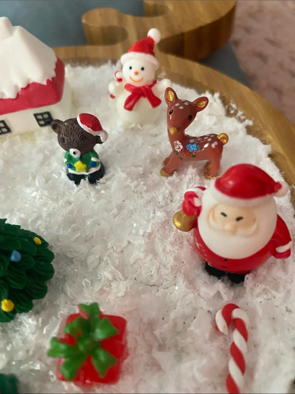 Holiday Reindeer Decorative Snow Tray with Red and Green Miniatures